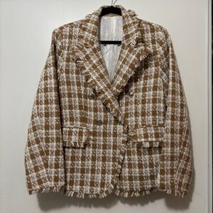 SHEIN Clasi Women's Plaid Brown and White Double Breasted blazer/jacket